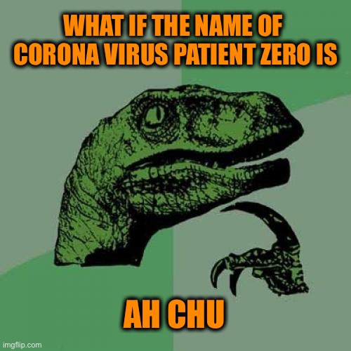 It would be fitting to say the least | WHAT IF THE NAME OF 
CORONA VIRUS PATIENT ZERO IS; AH CHU | image tagged in memes,philosoraptor,coronavirus | made w/ Imgflip meme maker