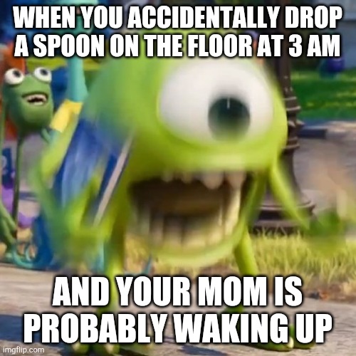 Mike wazowski | WHEN YOU ACCIDENTALLY DROP A SPOON ON THE FLOOR AT 3 AM; AND YOUR MOM IS PROBABLY WAKING UP | image tagged in mike wazowski | made w/ Imgflip meme maker