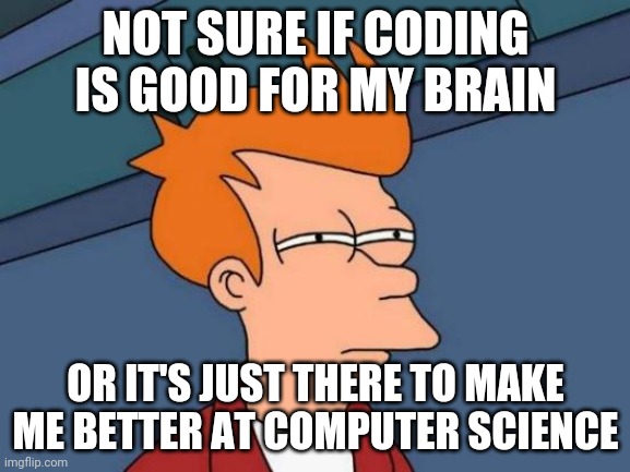 Futurama Fry Meme | NOT SURE IF CODING IS GOOD FOR MY BRAIN; OR IT'S JUST THERE TO MAKE ME BETTER AT COMPUTER SCIENCE | image tagged in memes,futurama fry | made w/ Imgflip meme maker