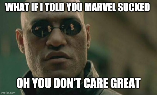 Matrix Morpheus | WHAT IF I TOLD YOU MARVEL SUCKED; OH YOU DON'T CARE GREAT | image tagged in memes,matrix morpheus | made w/ Imgflip meme maker
