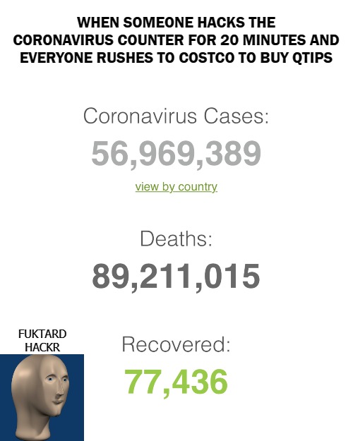 WHEN SOMEONE HACKS THE CORONAVIRUS COUNTER FOR 20 MINUTES AND EVERYONE RUSHES TO COSTCO TO BUY QTIPS; FUKTARD
HACKR | image tagged in coronavirus | made w/ Imgflip meme maker