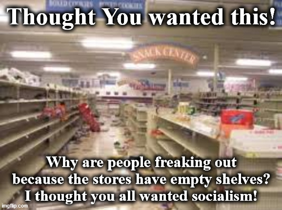 bare | Thought You wanted this! Why are people freaking out because the stores have empty shelves? I thought you all wanted socialism! | image tagged in bare | made w/ Imgflip meme maker