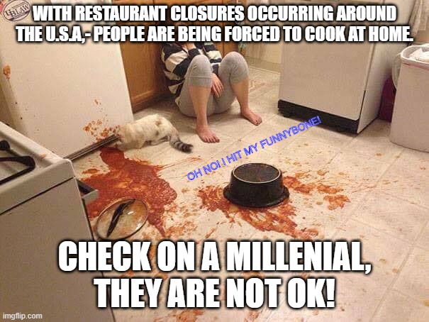 WITH RESTAURANT CLOSURES OCCURRING AROUND THE U.S.A,- PEOPLE ARE BEING FORCED TO COOK AT HOME. OH NO! I HIT MY FUNNYBONE! CHECK ON A MILLENIAL, THEY ARE NOT OK! | image tagged in millennials | made w/ Imgflip meme maker