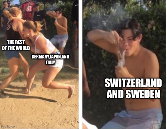 Dabbing Dude | THE REST OF THE WORLD; GERMANY,JAPAN,AND ITALY; SWITZERLAND AND SWEDEN | image tagged in dabbing dude | made w/ Imgflip meme maker