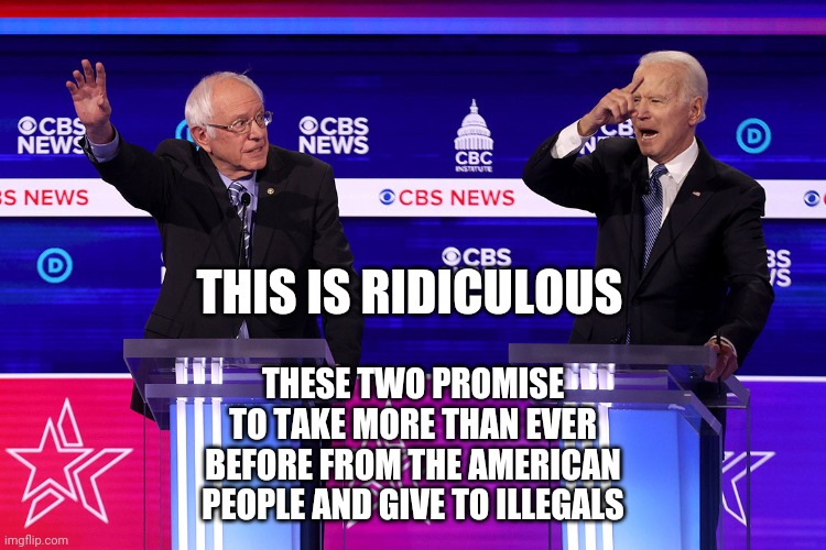 Tweedle Dumb and Tweedle Dumber | THIS IS RIDICULOUS; THESE TWO PROMISE TO TAKE MORE THAN EVER BEFORE FROM THE AMERICAN PEOPLE AND GIVE TO ILLEGALS | image tagged in two idiots,democratic party,debate,bernie sanders,joe biden | made w/ Imgflip meme maker