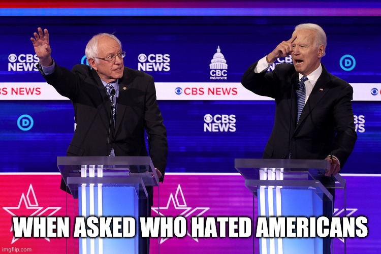 These two idiots... | WHEN ASKED WHO HATED AMERICANS | image tagged in two idiots,joe biden,bernie sanders,democrats | made w/ Imgflip meme maker