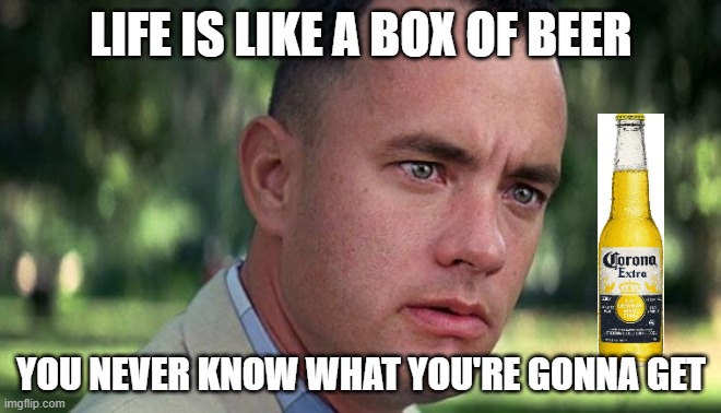 Forest Gump | LIFE IS LIKE A BOX OF BEER; YOU NEVER KNOW WHAT YOU'RE GONNA GET | image tagged in forest gump | made w/ Imgflip meme maker