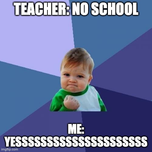 Success Kid | TEACHER: NO SCHOOL; ME: YESSSSSSSSSSSSSSSSSSSSS | image tagged in memes,success kid | made w/ Imgflip meme maker