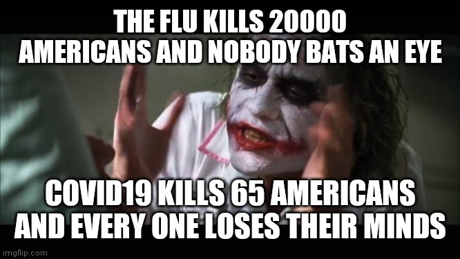 And everybody loses their minds | THE FLU KILLS 20000 AMERICANS AND NOBODY BATS AN EYE; COVID19 KILLS 65 AMERICANS AND EVERY ONE LOSES THEIR MINDS | image tagged in memes,and everybody loses their minds | made w/ Imgflip meme maker
