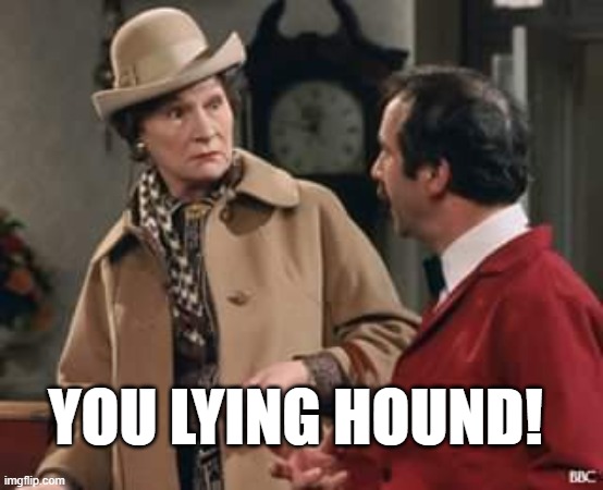 Fawlty Towers, The Deaf Woman Episdoe | YOU LYING HOUND! | image tagged in you lying hound,fawlty towers,deaf woman,manuel,basil fawlty,mrs richards | made w/ Imgflip meme maker