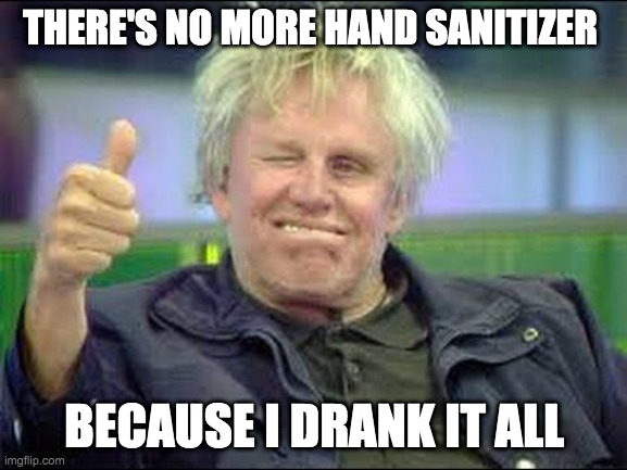 Gary Drank The Hand Sanitizer | THERE'S NO MORE HAND SANITIZER; BECAUSE I DRANK IT ALL | image tagged in gary busey approves,coronavirus,hand sanitizer | made w/ Imgflip meme maker