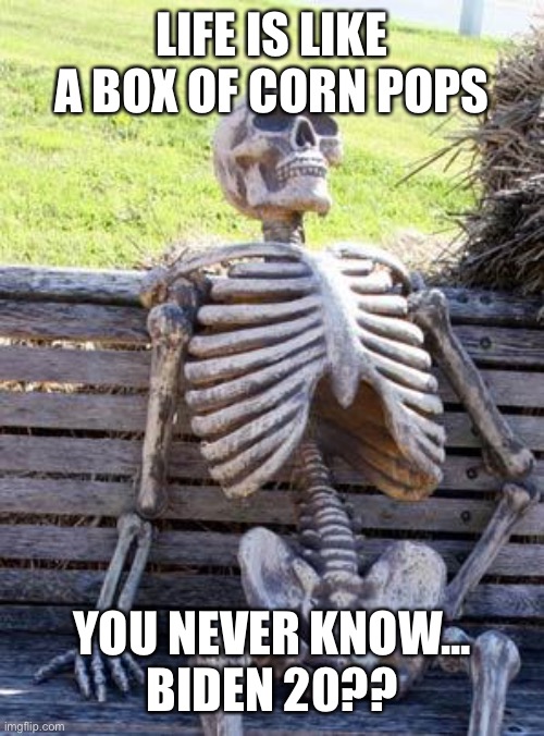 Waiting Skeleton Meme | LIFE IS LIKE A BOX OF CORN POPS; YOU NEVER KNOW...
BIDEN 20?? | image tagged in memes,waiting skeleton | made w/ Imgflip meme maker