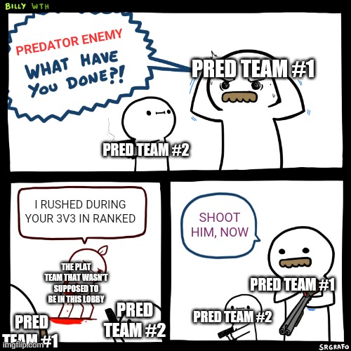 Billy, What Have You Done | PREDATOR ENEMY; PRED TEAM #1; PRED TEAM #2; I RUSHED DURING YOUR 3V3 IN RANKED; SHOOT HIM, NOW; THE PLAT TEAM THAT WASN'T SUPPOSED TO BE IN THIS LOBBY; PRED TEAM #1; PRED TEAM #2; PRED TEAM #2; PRED TEAM #1 | image tagged in billy what have you done | made w/ Imgflip meme maker