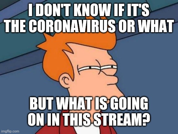 Futurama Fry | I DON'T KNOW IF IT'S THE CORONAVIRUS OR WHAT; BUT WHAT IS GOING ON IN THIS STREAM? | image tagged in memes,futurama fry | made w/ Imgflip meme maker