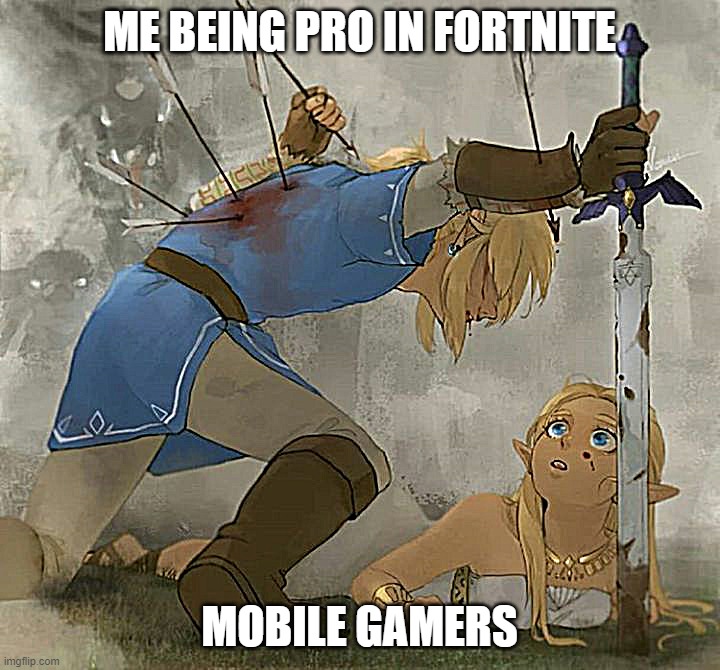 Link and zelda | ME BEING PRO IN FORTNITE; MOBILE GAMERS | image tagged in link and zelda | made w/ Imgflip meme maker