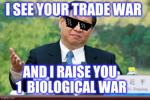 Xi Jinping | I SEE YOUR TRADE WAR AND I RAISE YOU
 1  BIOLOGICAL WAR | image tagged in xi jinping | made w/ Imgflip meme maker