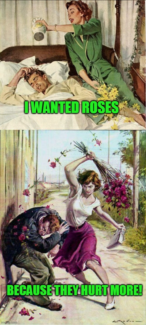 Women right? | I WANTED ROSES; BECAUSE THEY HURT MORE! | image tagged in beaten with roses,just a joke | made w/ Imgflip meme maker