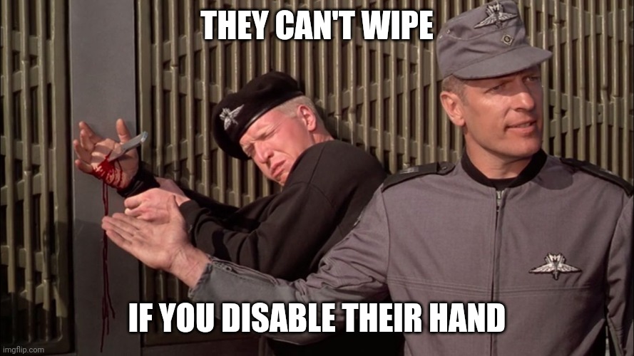 Starship troopers nuke-safe knife | THEY CAN'T WIPE; IF YOU DISABLE THEIR HAND | image tagged in starship troopers nuke-safe knife | made w/ Imgflip meme maker