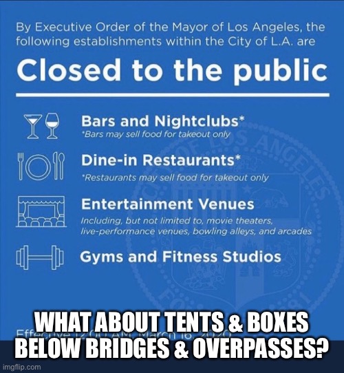 LA Proclamation | WHAT ABOUT TENTS & BOXES BELOW BRIDGES & OVERPASSES? | image tagged in la proclamation | made w/ Imgflip meme maker