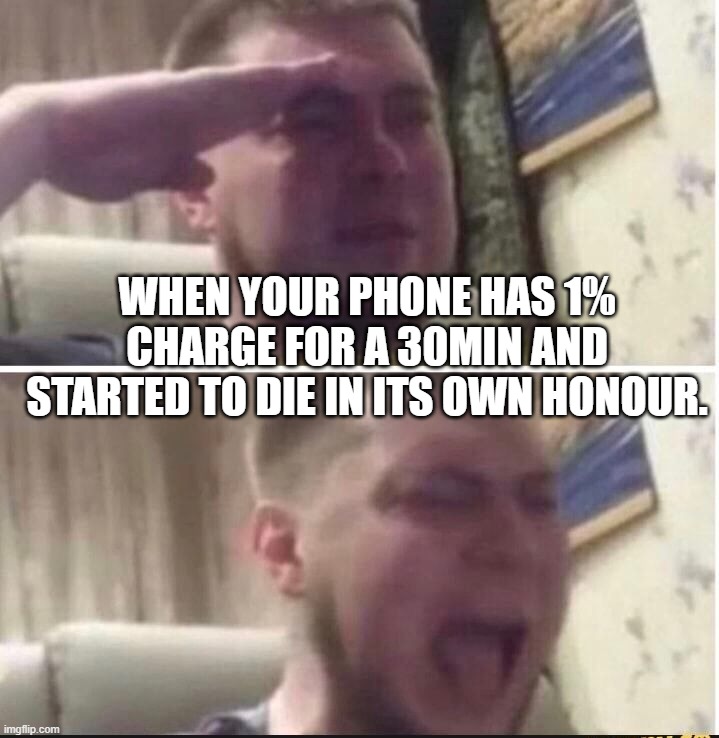 Crying salute | WHEN YOUR PHONE HAS 1% CHARGE FOR A 30MIN AND STARTED TO DIE IN ITS OWN HONOUR. | image tagged in crying salute | made w/ Imgflip meme maker