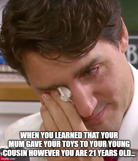 Justin Trudeau Crying | WHEN YOU LEARNED THAT YOUR MUM GAVE YOUR TOYS TO YOUR YOUNG COUSIN HOWEVER YOU ARE 21 YEARS OLD... | image tagged in justin trudeau crying | made w/ Imgflip meme maker