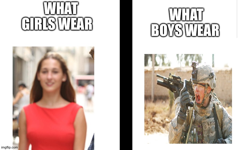 Blank meme template | WHAT GIRLS WEAR; WHAT BOYS WEAR | image tagged in blank meme template | made w/ Imgflip meme maker