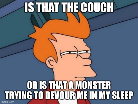 Futurama Fry Meme | IS THAT THE COUCH; OR IS THAT A MONSTER TRYING TO DEVOUR ME IN MY SLEEP | image tagged in memes,futurama fry | made w/ Imgflip meme maker