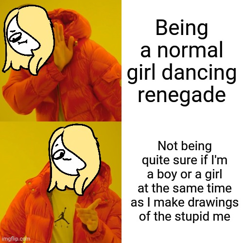 Drake Hotline Bling Meme | Being a normal girl dancing renegade; Not being quite sure if I'm a boy or a girl at the same time as I make drawings of the stupid me | image tagged in memes,drake hotline bling | made w/ Imgflip meme maker