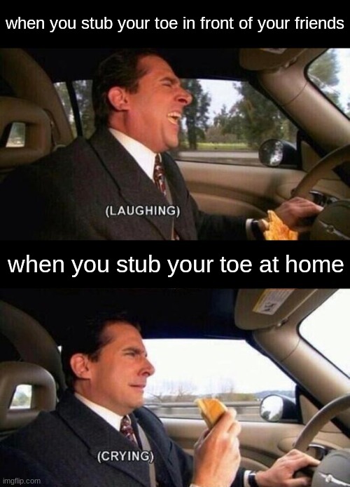 (laughing) (crying) | when you stub your toe in front of your friends; when you stub your toe at home | image tagged in laughing crying,fun | made w/ Imgflip meme maker