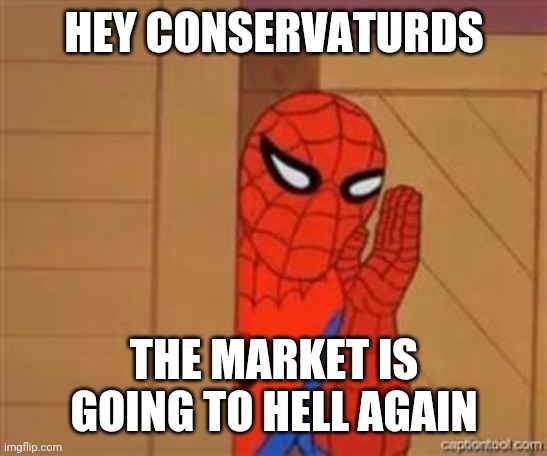 psst spiderman | HEY CONSERVATURDS; THE MARKET IS GOING TO HELL AGAIN | image tagged in psst spiderman | made w/ Imgflip meme maker