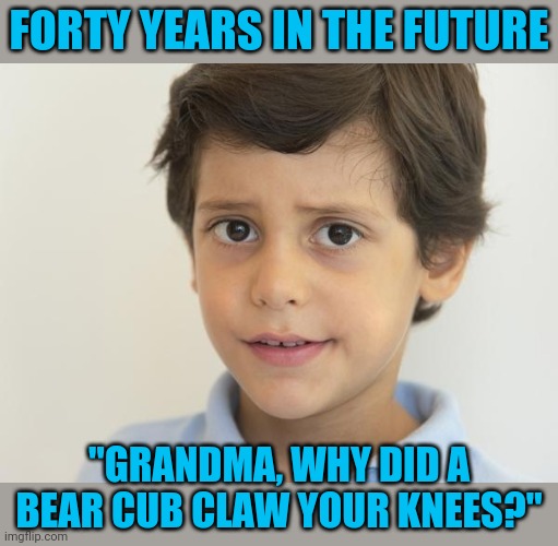 FORTY YEARS IN THE FUTURE "GRANDMA, WHY DID A BEAR CUB CLAW YOUR KNEES?" | image tagged in young sam elliot | made w/ Imgflip meme maker