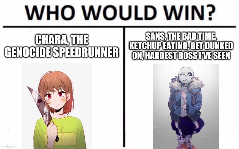 Who Would Win? Meme | CHARA, THE GENOCIDE SPEEDRUNNER; SANS, THE BAD TIME, KETCHUP EATING, GET DUNKED ON, HARDEST BOSS I'VE SEEN | image tagged in memes,who would win | made w/ Imgflip meme maker