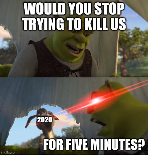 Shrek For Five Minutes | WOULD YOU STOP TRYING TO KILL US; 2020; FOR FIVE MINUTES? | image tagged in shrek for five minutes | made w/ Imgflip meme maker