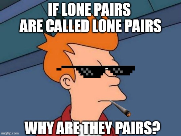 Futurama Fry Meme | IF LONE PAIRS 
ARE CALLED LONE PAIRS; WHY ARE THEY PAIRS? | image tagged in memes,futurama fry | made w/ Imgflip meme maker