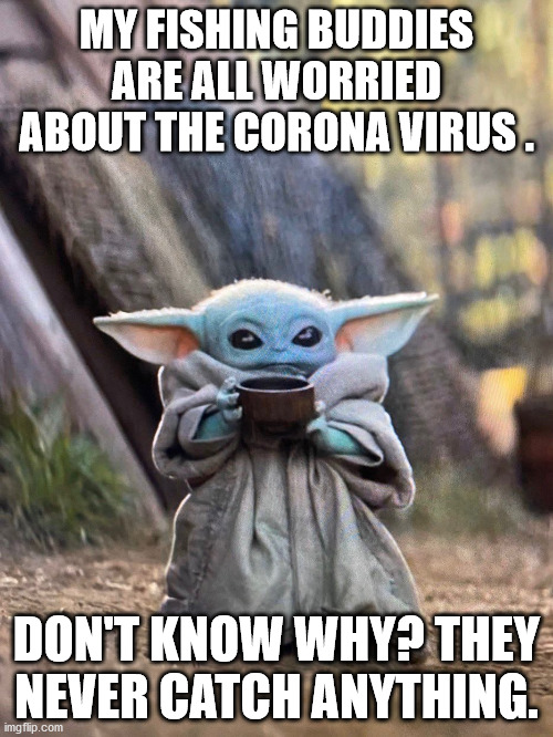 BABY YODA TEA | MY FISHING BUDDIES ARE ALL WORRIED ABOUT THE CORONA VIRUS . DON'T KNOW WHY? THEY NEVER CATCH ANYTHING. | image tagged in baby yoda tea | made w/ Imgflip meme maker