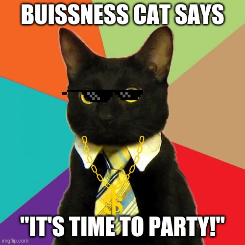 Business Cat Meme | BUISSNESS CAT SAYS; "IT'S TIME TO PARTY!" | image tagged in memes,business cat | made w/ Imgflip meme maker