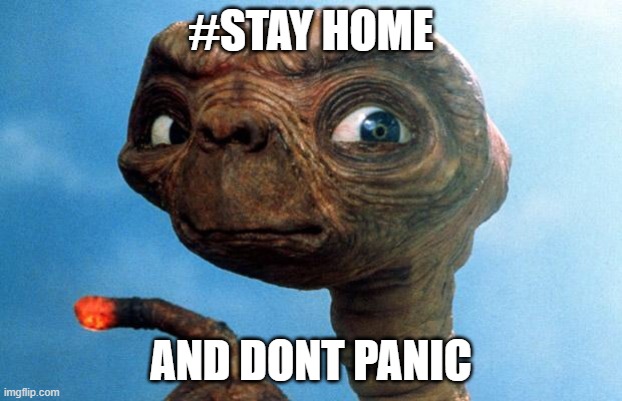 ET phone home | #STAY HOME; AND DONT PANIC | image tagged in et phone home | made w/ Imgflip meme maker