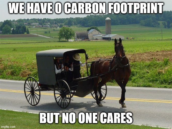 Amish Peeps | WE HAVE 0 CARBON FOOTPRINT BUT NO ONE CARES | image tagged in amish peeps | made w/ Imgflip meme maker