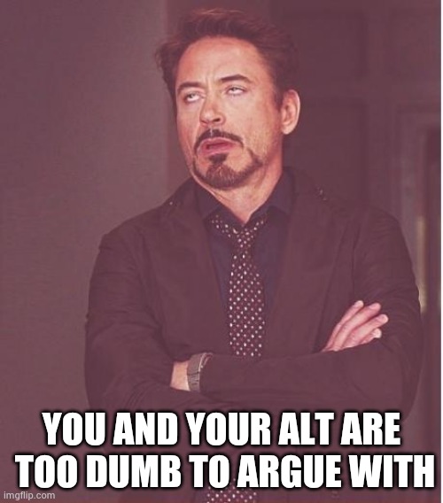 Face You Make Robert Downey Jr Meme | YOU AND YOUR ALT ARE
 TOO DUMB TO ARGUE WITH | image tagged in memes,face you make robert downey jr | made w/ Imgflip meme maker