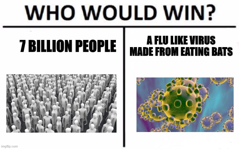 Who Would Win? Meme | 7 BILLION PEOPLE; A FLU LIKE VIRUS MADE FROM EATING BATS | image tagged in memes,who would win | made w/ Imgflip meme maker