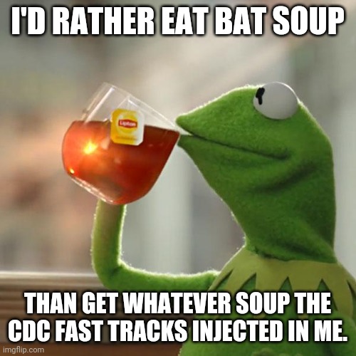 But That's None Of My Business Meme | I'D RATHER EAT BAT SOUP; THAN GET WHATEVER SOUP THE CDC FAST TRACKS INJECTED IN ME. | image tagged in memes,but thats none of my business,kermit the frog | made w/ Imgflip meme maker