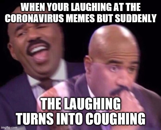 Steve Harvey Laughing Serious | WHEN YOUR LAUGHING AT THE CORONAVIRUS MEMES BUT SUDDENLY; THE LAUGHING TURNS INTO COUGHING | image tagged in steve harvey laughing serious | made w/ Imgflip meme maker