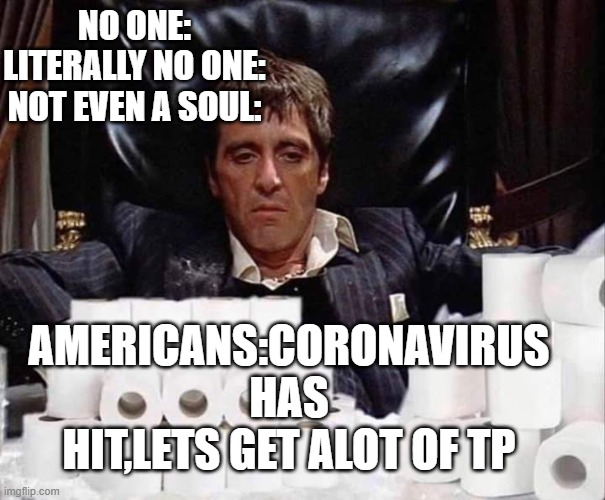 Scarface Stash | NO ONE:
LITERALLY NO ONE:
NOT EVEN A SOUL:; AMERICANS:CORONAVIRUS HAS HIT,LETS GET ALOT OF TP | image tagged in scarface stash | made w/ Imgflip meme maker