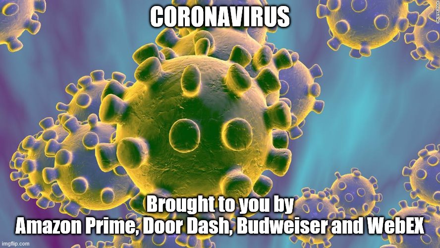 Coronavirus | CORONAVIRUS; Brought to you by
Amazon Prime, Door Dash, Budweiser and WebEX | image tagged in coronavirus | made w/ Imgflip meme maker