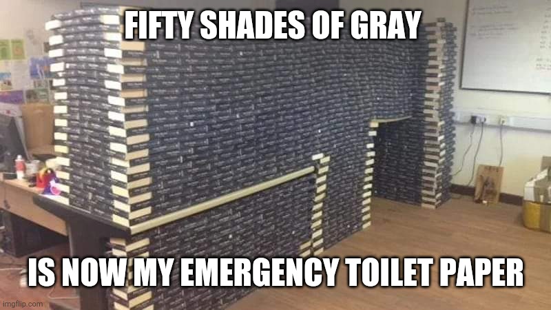 Fifty Shades of grey books | FIFTY SHADES OF GRAY; IS NOW MY EMERGENCY TOILET PAPER | image tagged in fifty shades of grey books | made w/ Imgflip meme maker