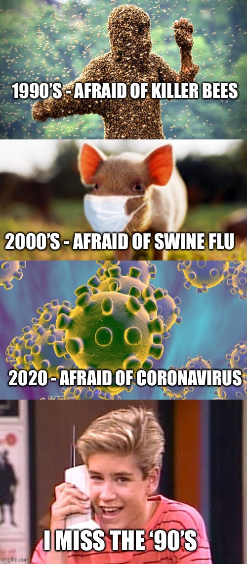 1990’S - AFRAID OF KILLER BEES; 2000’S - AFRAID OF SWINE FLU; 2020 - AFRAID OF CORONAVIRUS; I MISS THE ‘90’S | image tagged in killer bees,zack saved by the bell,coronavirus,pork  beer,1990's,2020 | made w/ Imgflip meme maker