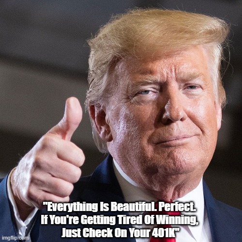 Donald J. Trump: "If You're Getting Tired Of Winning...: | "Everything Is Beautiful. Perfect. 
If You're Getting Tired Of Winning, 
Just Check On Your 401K" | image tagged in tired of winning,trump,mafia don,dishonest donald,deplorable donald,despicable donald | made w/ Imgflip meme maker