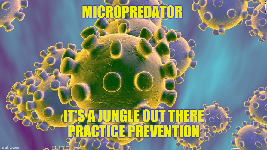 Coronavirus | MICROPREDATOR; IT'S A JUNGLE OUT THERE
PRACTICE PREVENTION | image tagged in coronavirus | made w/ Imgflip meme maker