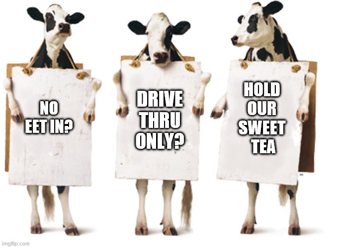 Chick-fil-A 3-cow billboard | DRIVE THRU ONLY? HOLD OUR SWEET  TEA; NO EET IN? | image tagged in chick-fil-a 3-cow billboard | made w/ Imgflip meme maker