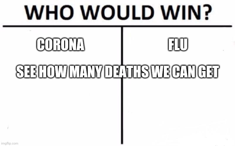 Who Would Win? Meme | CORONA; FLU; SEE HOW MANY DEATHS WE CAN GET | image tagged in memes,who would win | made w/ Imgflip meme maker